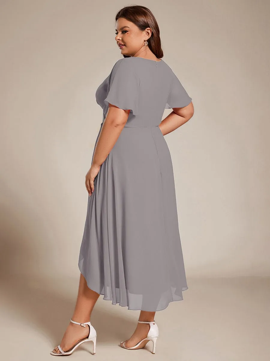 Ruffles Sleeve Pleated V-Neck A-Line Midi Chiffon Wedding Guest Dress