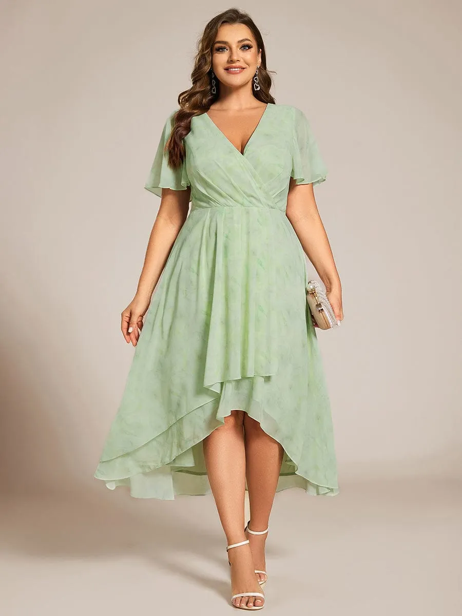 Ruffles Sleeve Pleated V-Neck A-Line Midi Chiffon Wedding Guest Dress