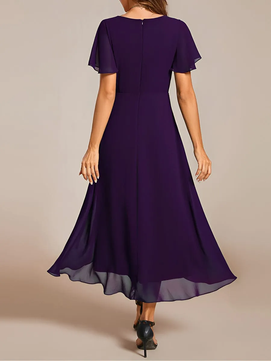 Ruffles Sleeve Pleated V-Neck A-Line Midi Chiffon Wedding Guest Dress