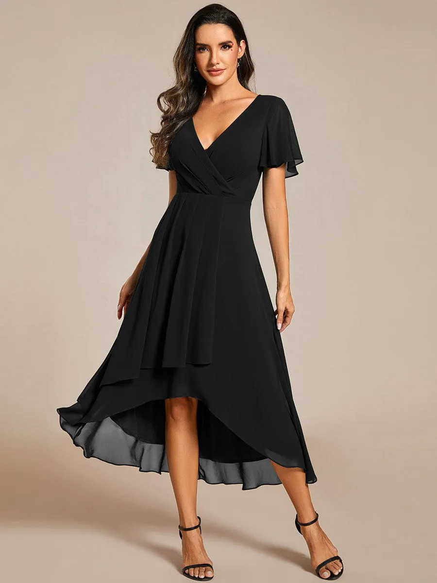 Ruffles Sleeve Pleated V-Neck A-Line Midi Chiffon Wedding Guest Dress