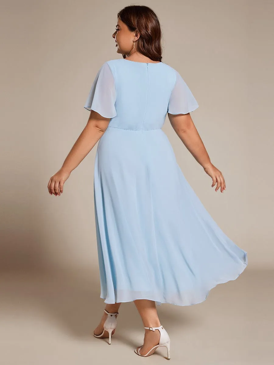 Ruffles Sleeve Pleated V-Neck A-Line Midi Chiffon Wedding Guest Dress