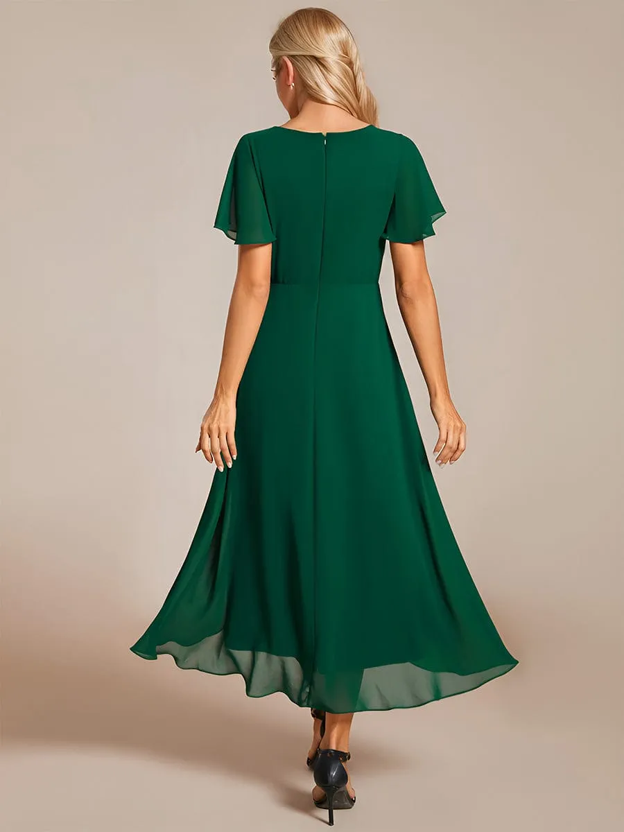 Ruffles Sleeve Pleated V-Neck A-Line Midi Chiffon Wedding Guest Dress