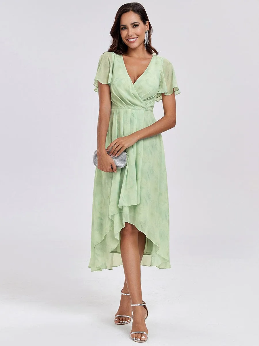 Ruffles Sleeve Pleated V-Neck A-Line Midi Chiffon Wedding Guest Dress