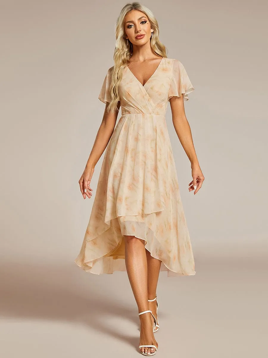 Ruffles Sleeve Pleated V-Neck A-Line Midi Chiffon Wedding Guest Dress