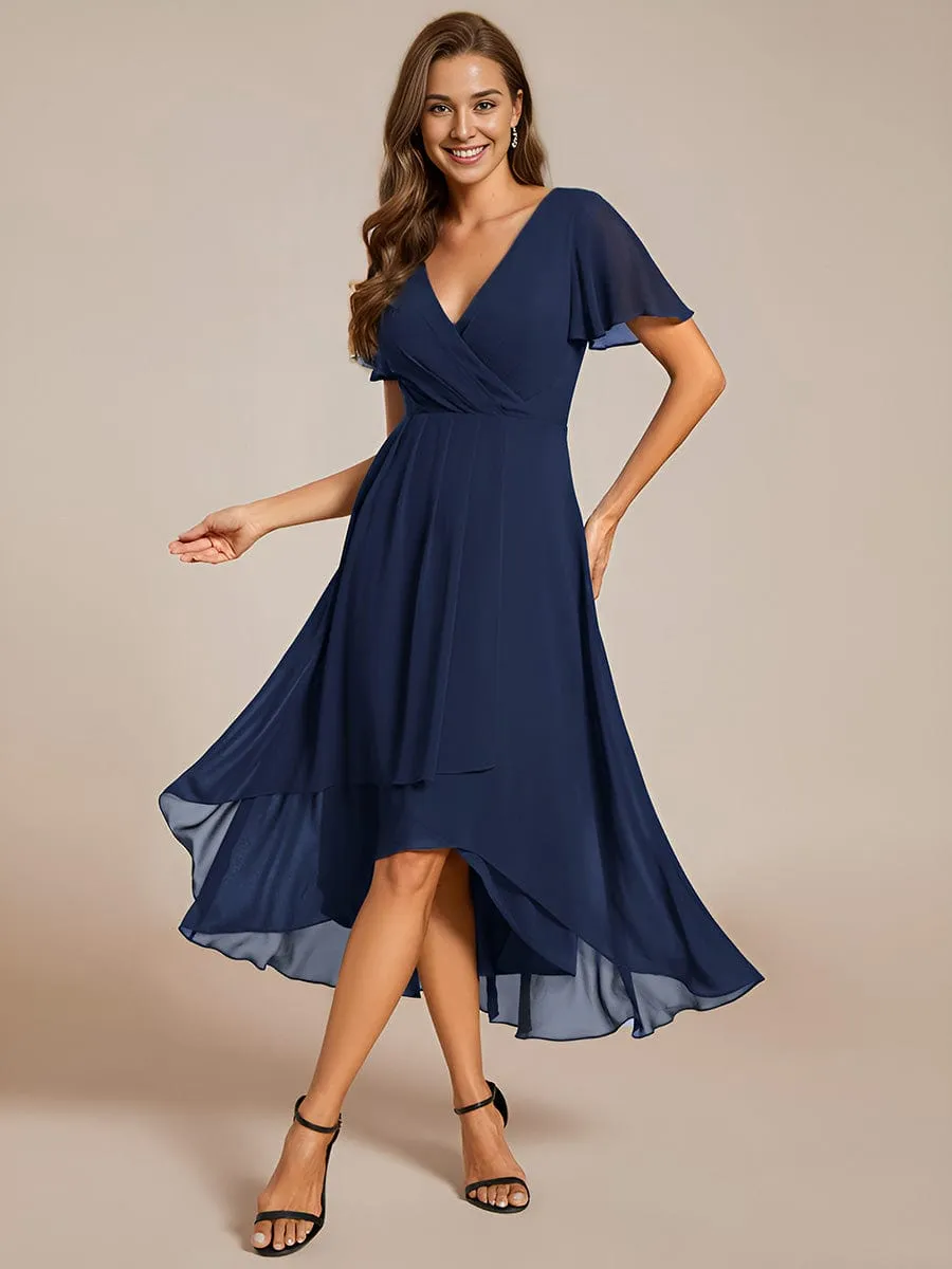 Ruffles Sleeve Pleated V-Neck A-Line Midi Chiffon Wedding Guest Dress