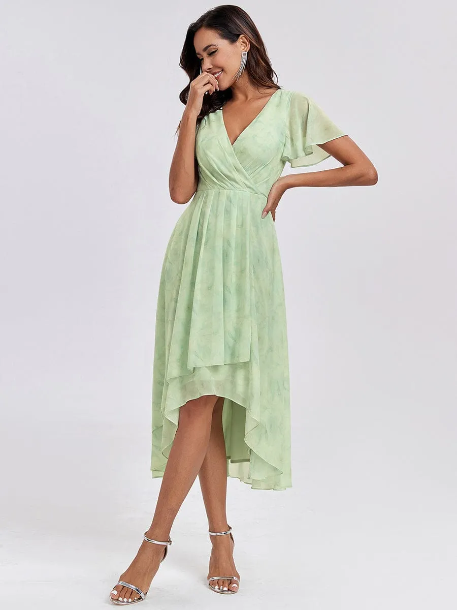 Ruffles Sleeve Pleated V-Neck A-Line Midi Chiffon Wedding Guest Dress