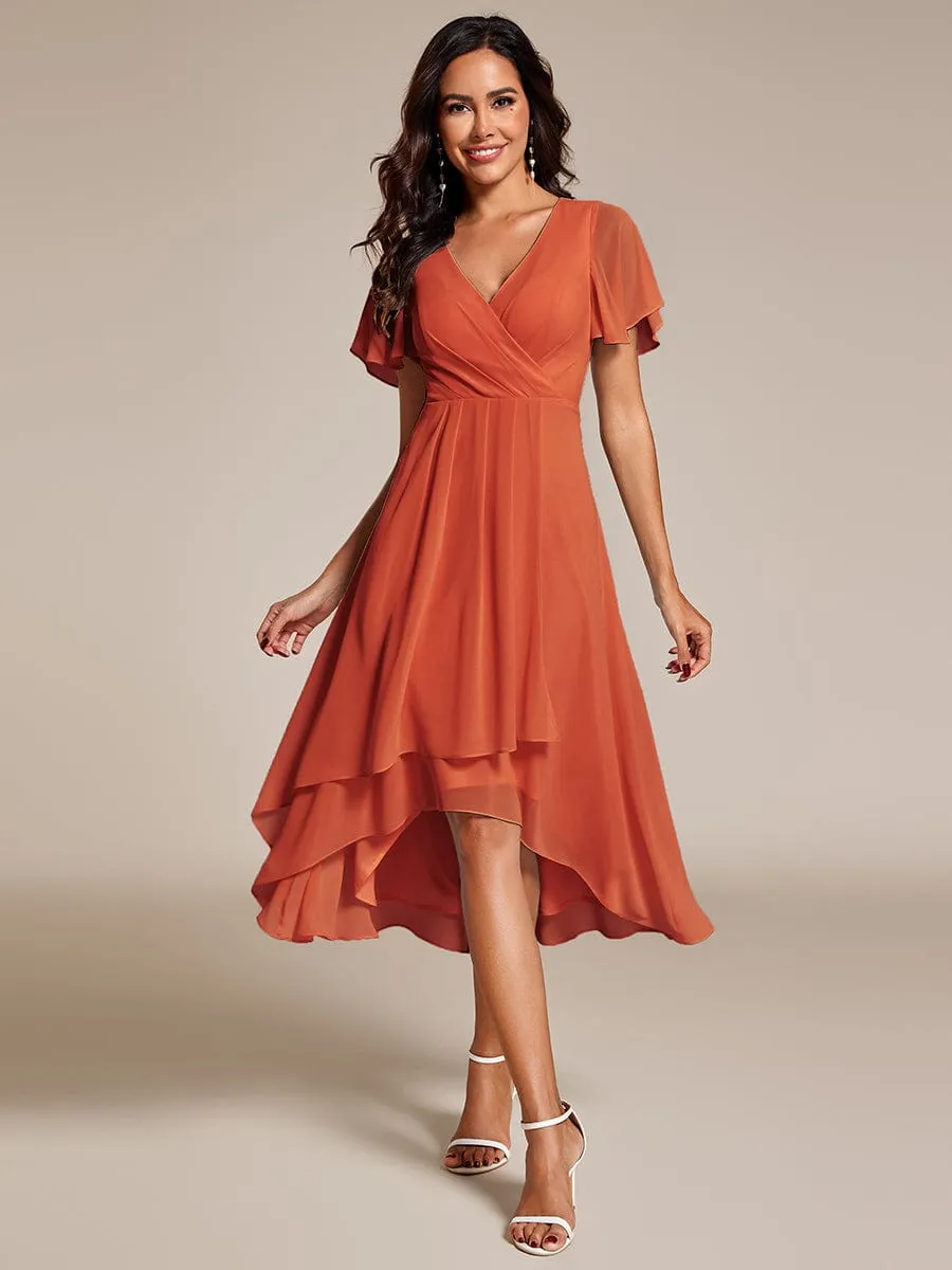 Ruffles Sleeve Pleated V-Neck A-Line Midi Chiffon Wedding Guest Dress