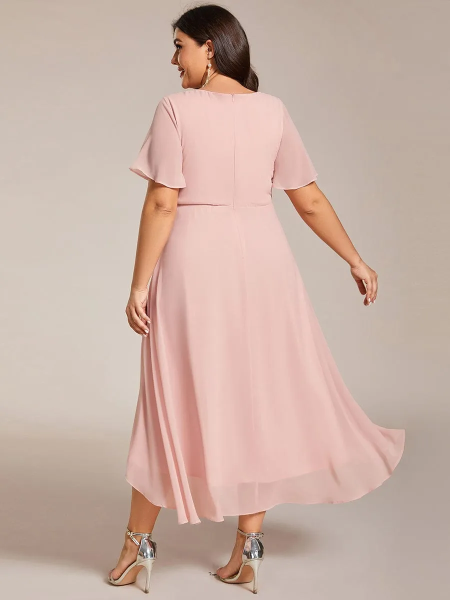 Ruffles Sleeve Pleated V-Neck A-Line Midi Chiffon Wedding Guest Dress