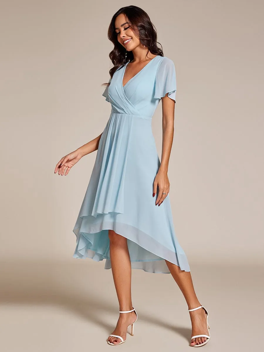 Ruffles Sleeve Pleated V-Neck A-Line Midi Chiffon Wedding Guest Dress