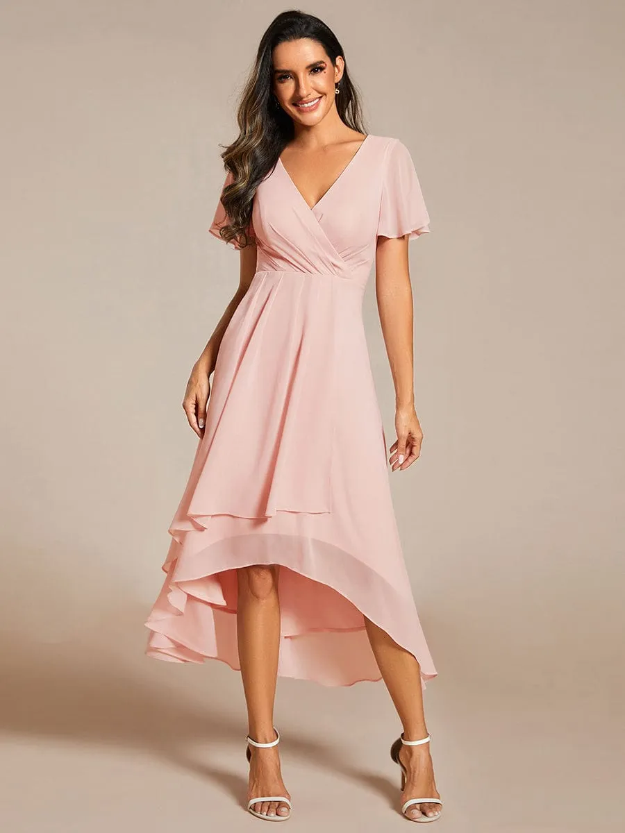 Ruffles Sleeve Pleated V-Neck A-Line Midi Chiffon Wedding Guest Dress