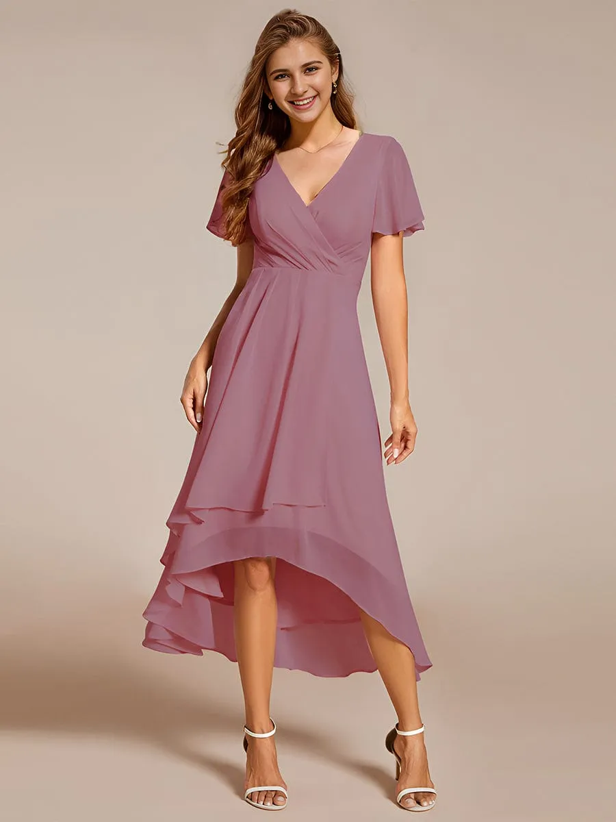 Ruffles Sleeve Pleated V-Neck A-Line Midi Chiffon Wedding Guest Dress