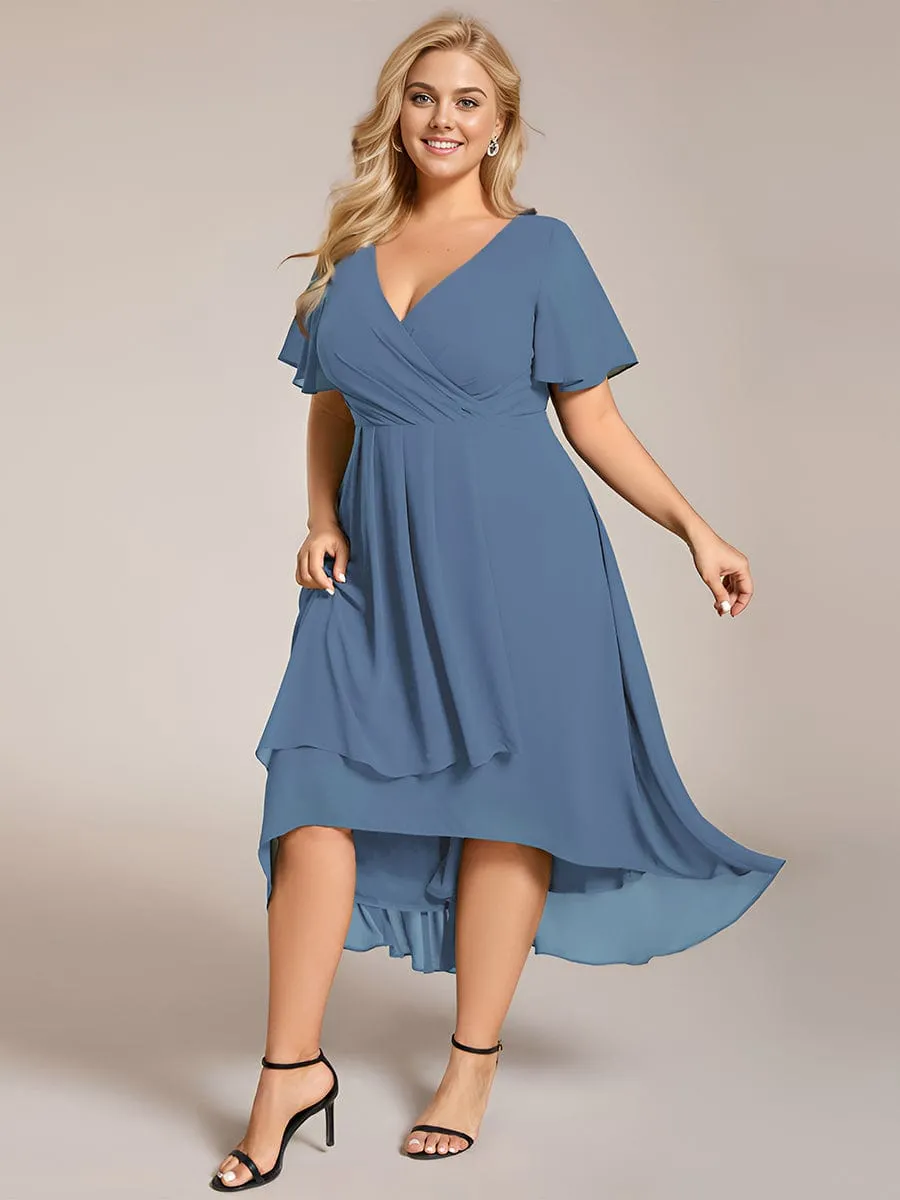 Ruffles Sleeve Pleated V-Neck A-Line Midi Chiffon Wedding Guest Dress