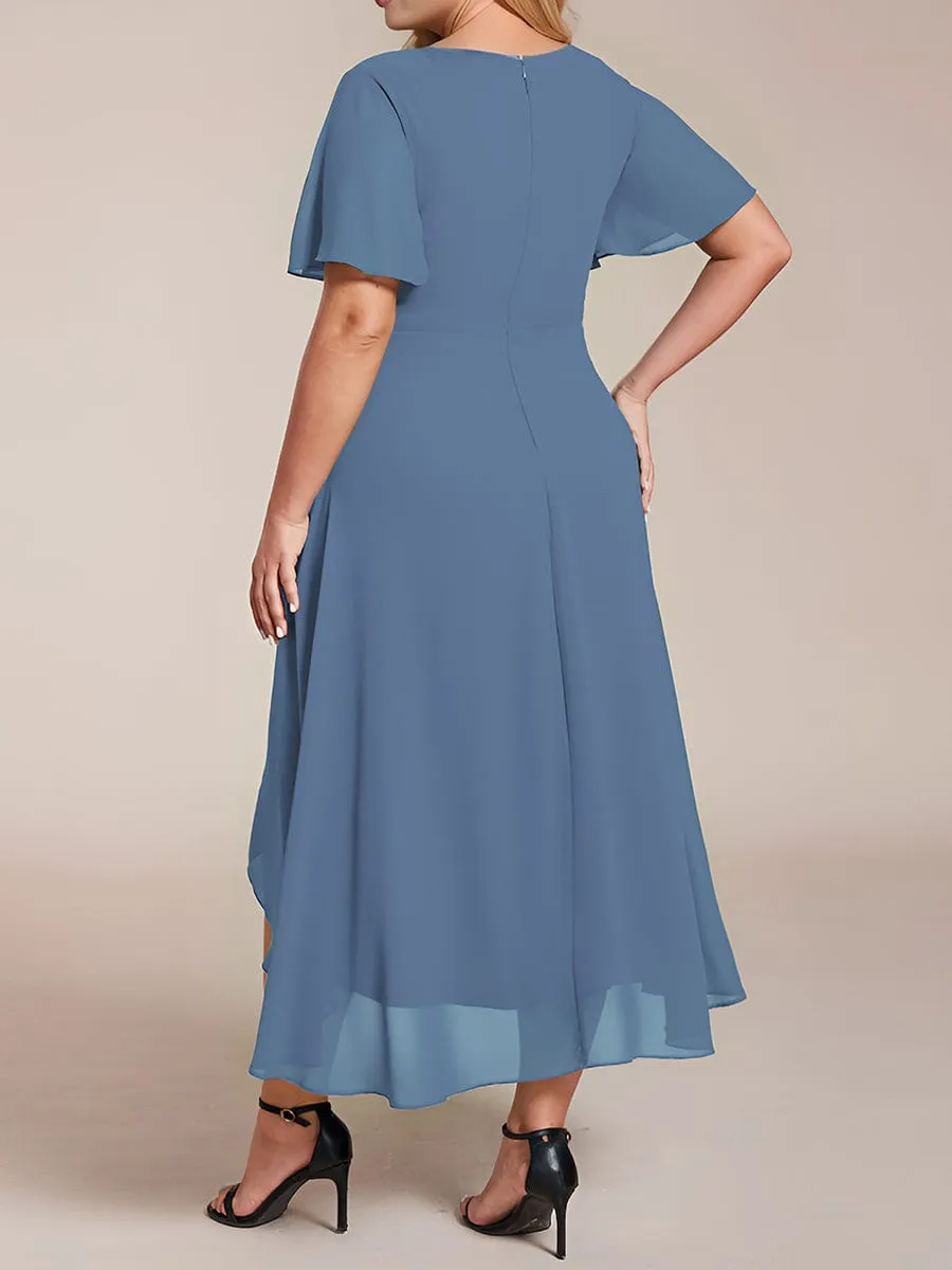 Ruffles Sleeve Pleated V-Neck A-Line Midi Chiffon Wedding Guest Dress