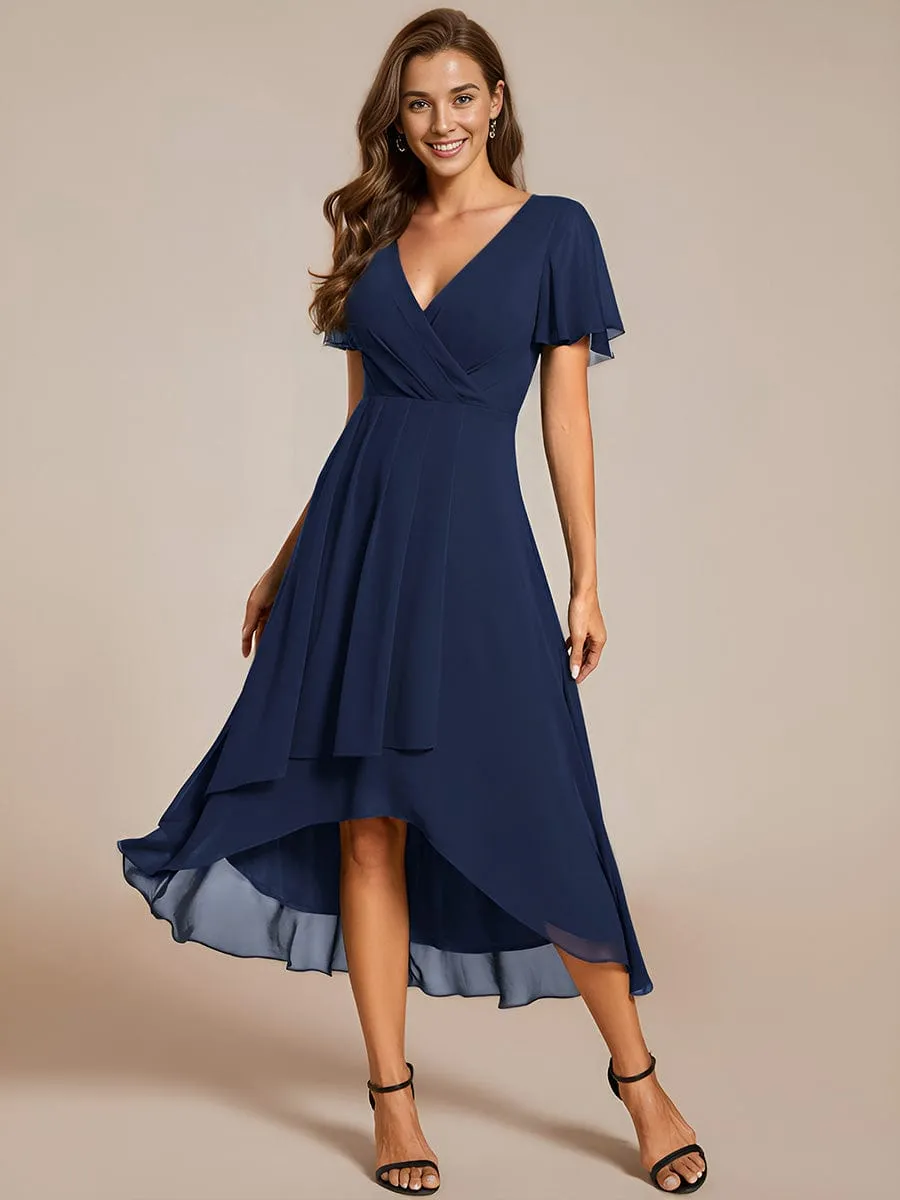 Ruffles Sleeve Pleated V-Neck A-Line Midi Chiffon Wedding Guest Dress