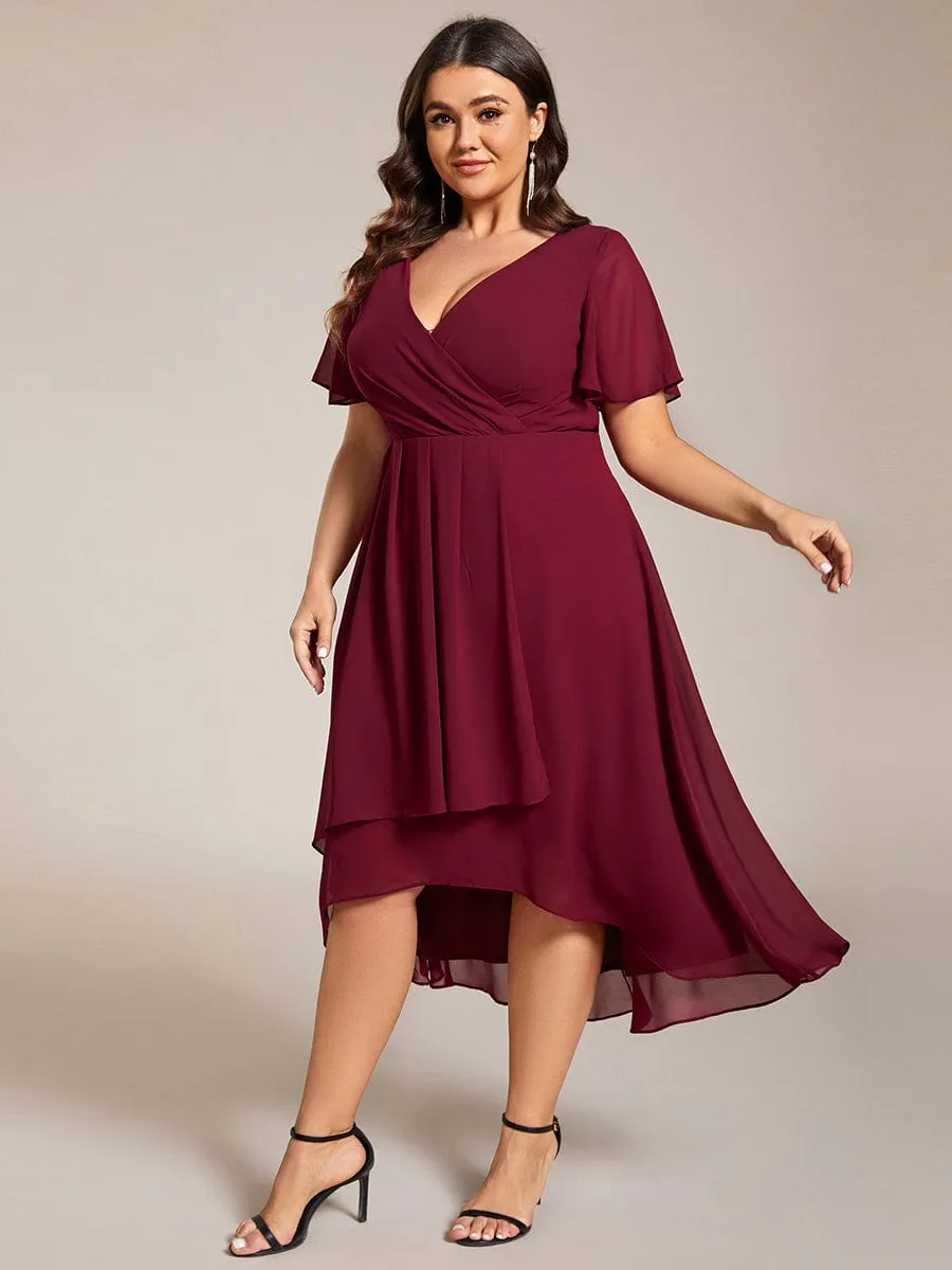 Ruffles Sleeve Pleated V-Neck A-Line Midi Chiffon Wedding Guest Dress