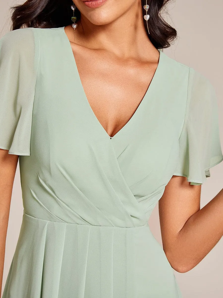 Ruffles Sleeve Pleated V-Neck A-Line Midi Chiffon Wedding Guest Dress