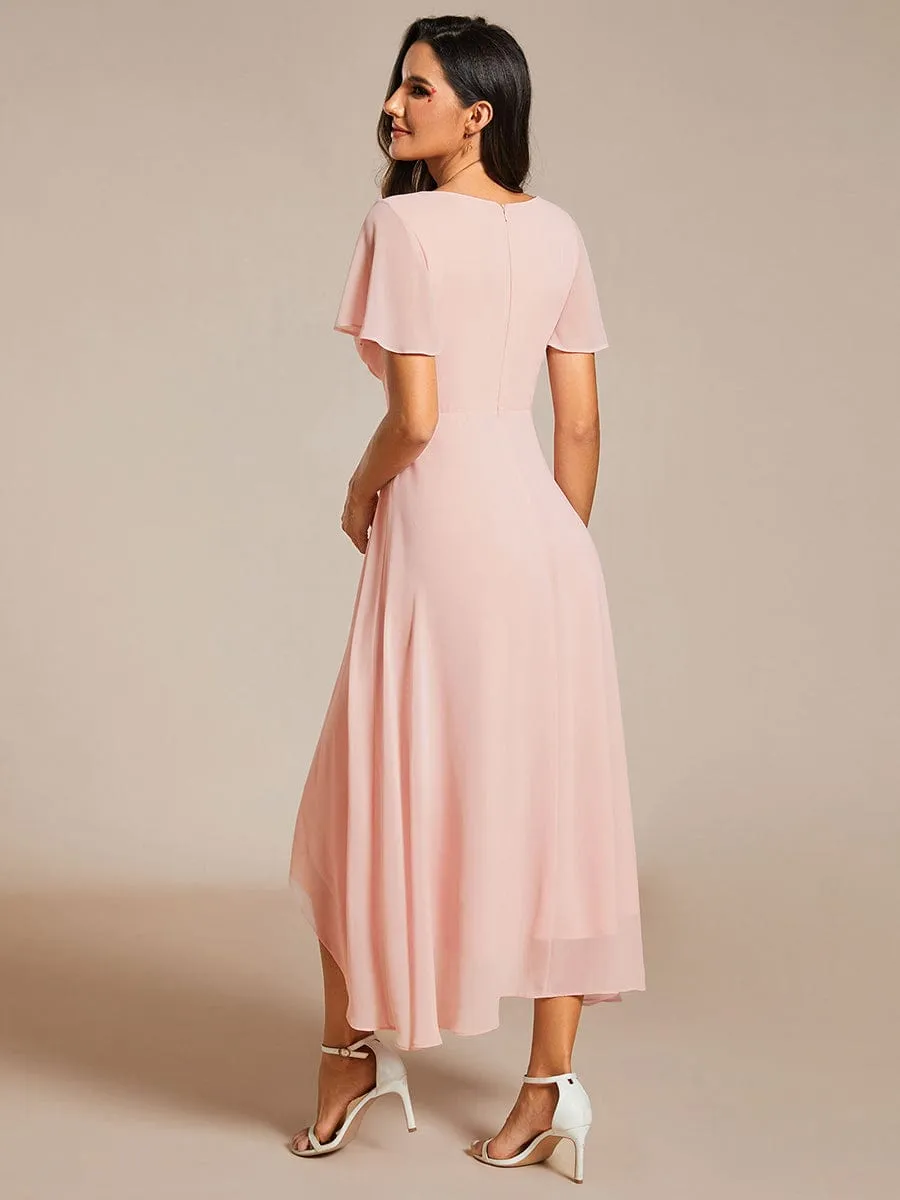 Ruffles Sleeve Pleated V-Neck A-Line Midi Chiffon Wedding Guest Dress