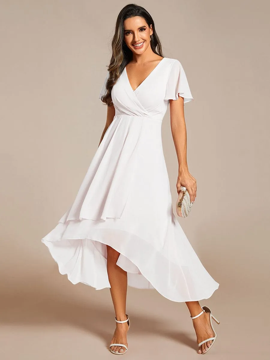 Ruffles Sleeve Pleated V-Neck A-Line Midi Chiffon Wedding Guest Dress