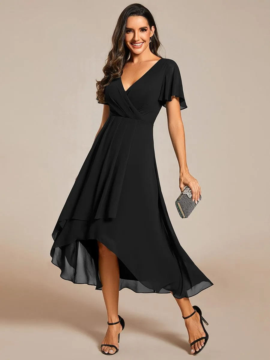 Ruffles Sleeve Pleated V-Neck A-Line Midi Chiffon Wedding Guest Dress