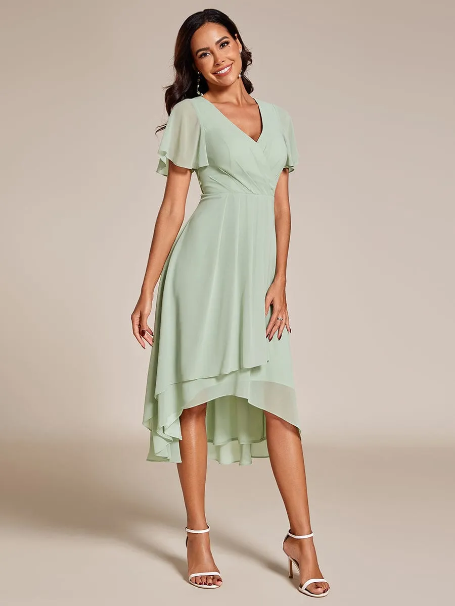 Ruffles Sleeve Pleated V-Neck A-Line Midi Chiffon Wedding Guest Dress