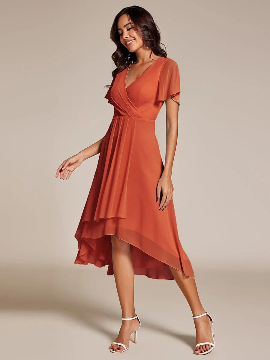 Ruffles Sleeve Pleated V-Neck A-Line Midi Chiffon Wedding Guest Dress