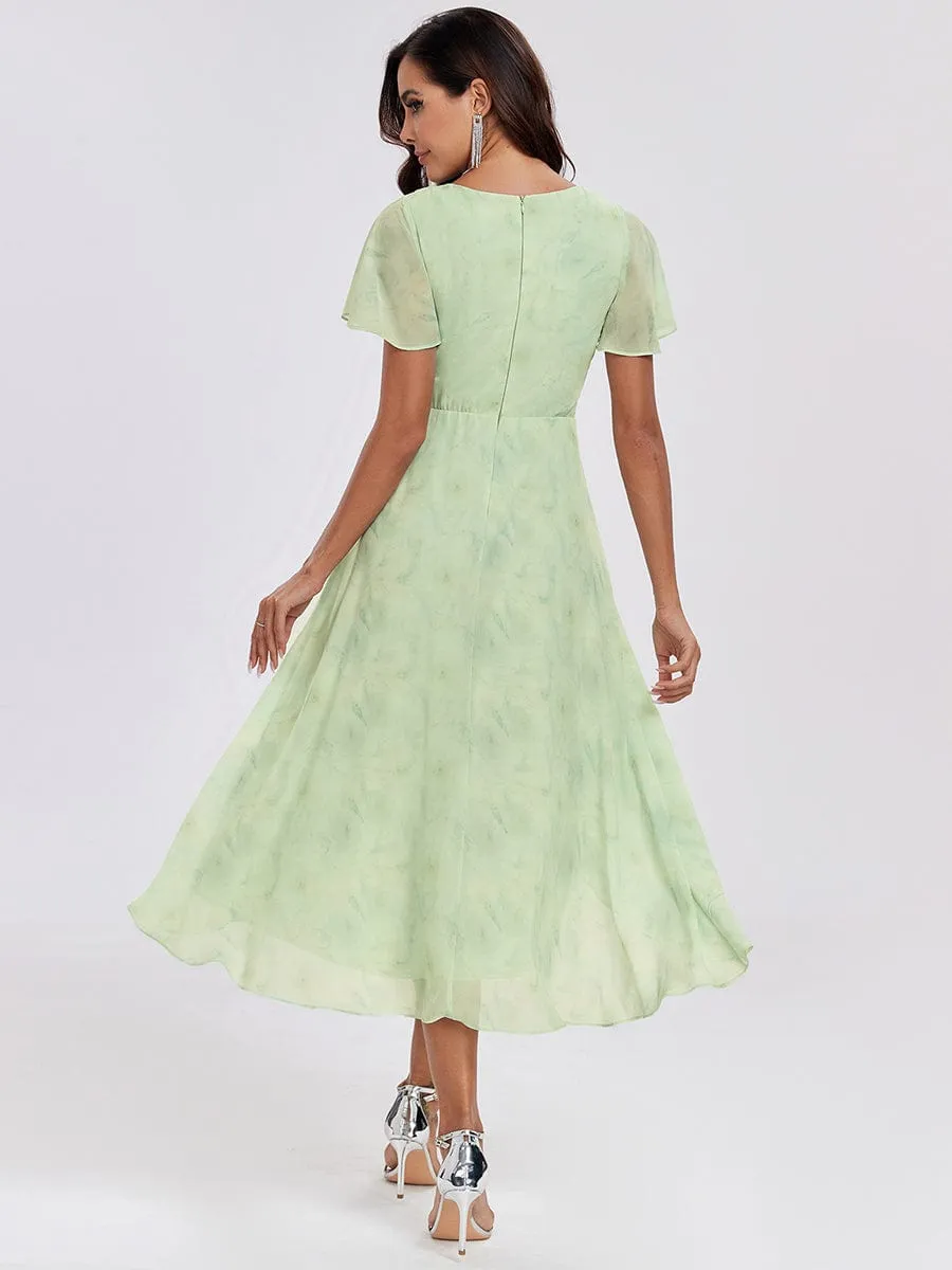 Ruffles Sleeve Pleated V-Neck A-Line Midi Chiffon Wedding Guest Dress