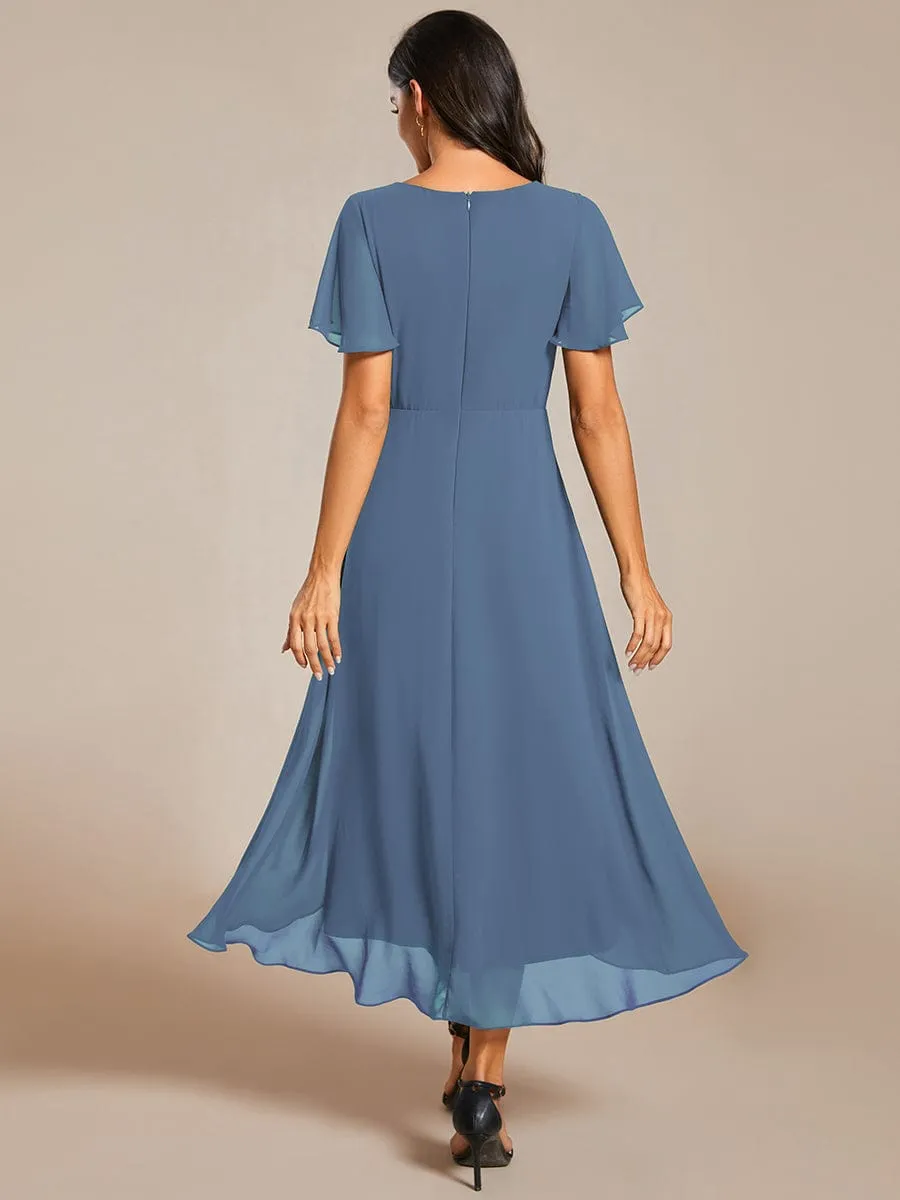 Ruffles Sleeve Pleated V-Neck A-Line Midi Chiffon Wedding Guest Dress