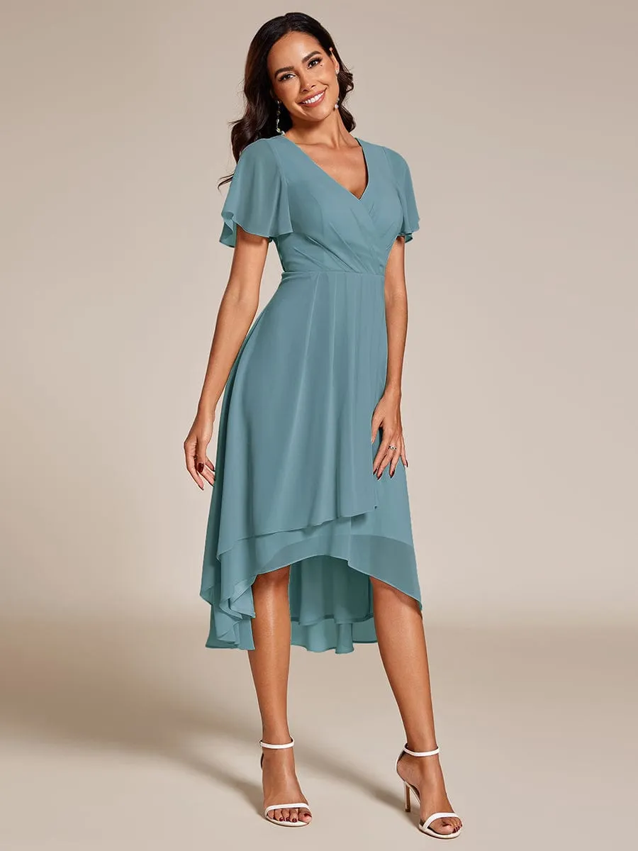 Ruffles Sleeve Pleated V-Neck A-Line Midi Chiffon Wedding Guest Dress