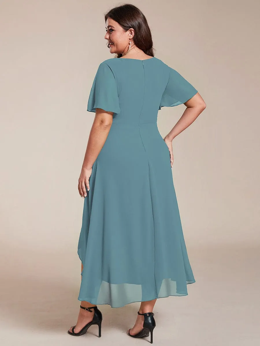 Ruffles Sleeve Pleated V-Neck A-Line Midi Chiffon Wedding Guest Dress