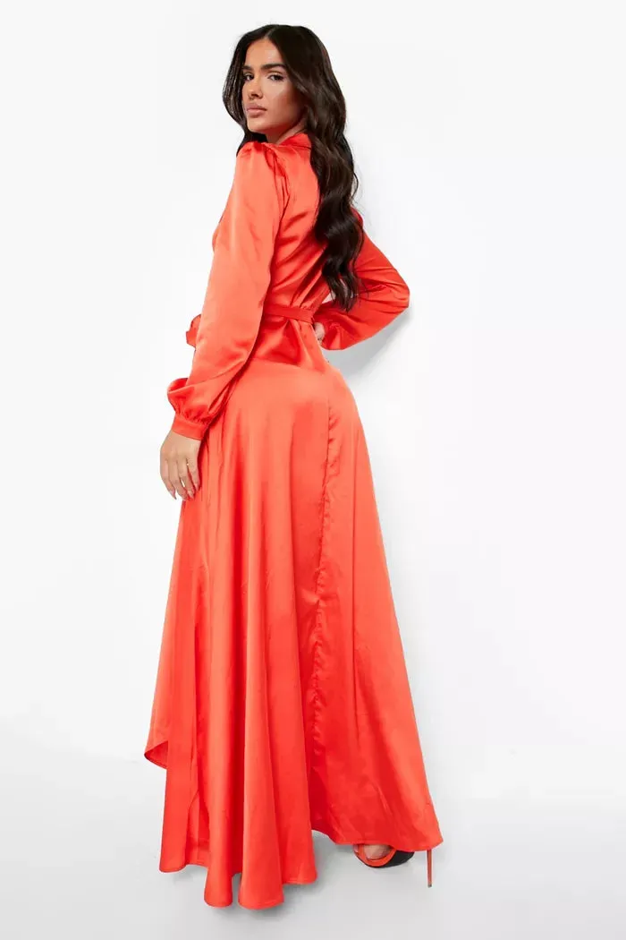 Satin Wrap Belted Maxi Dress