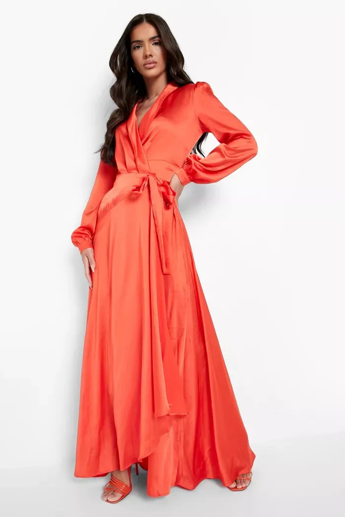 Satin Wrap Belted Maxi Dress