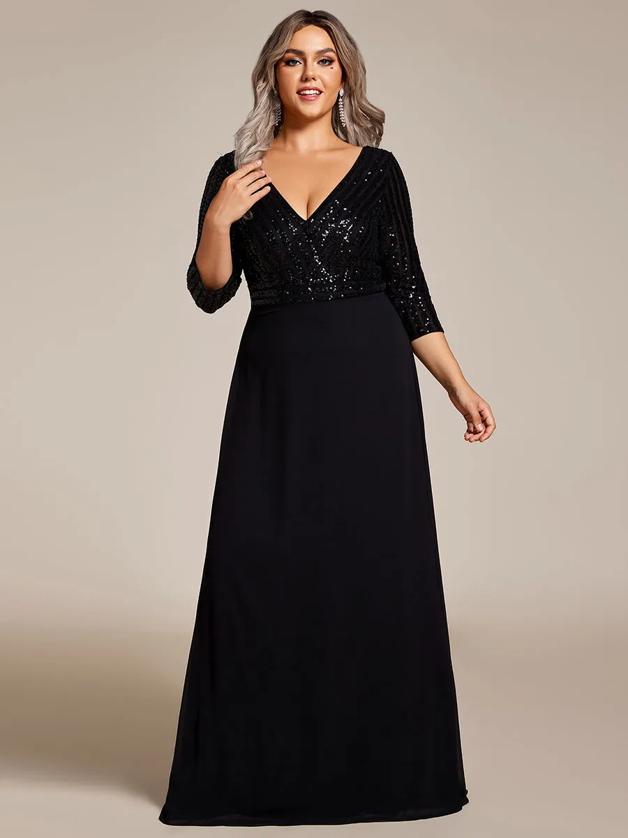 Sexy V Neck A-Line Plus Size Sequin Wholesale Evening Dress with Sleeve