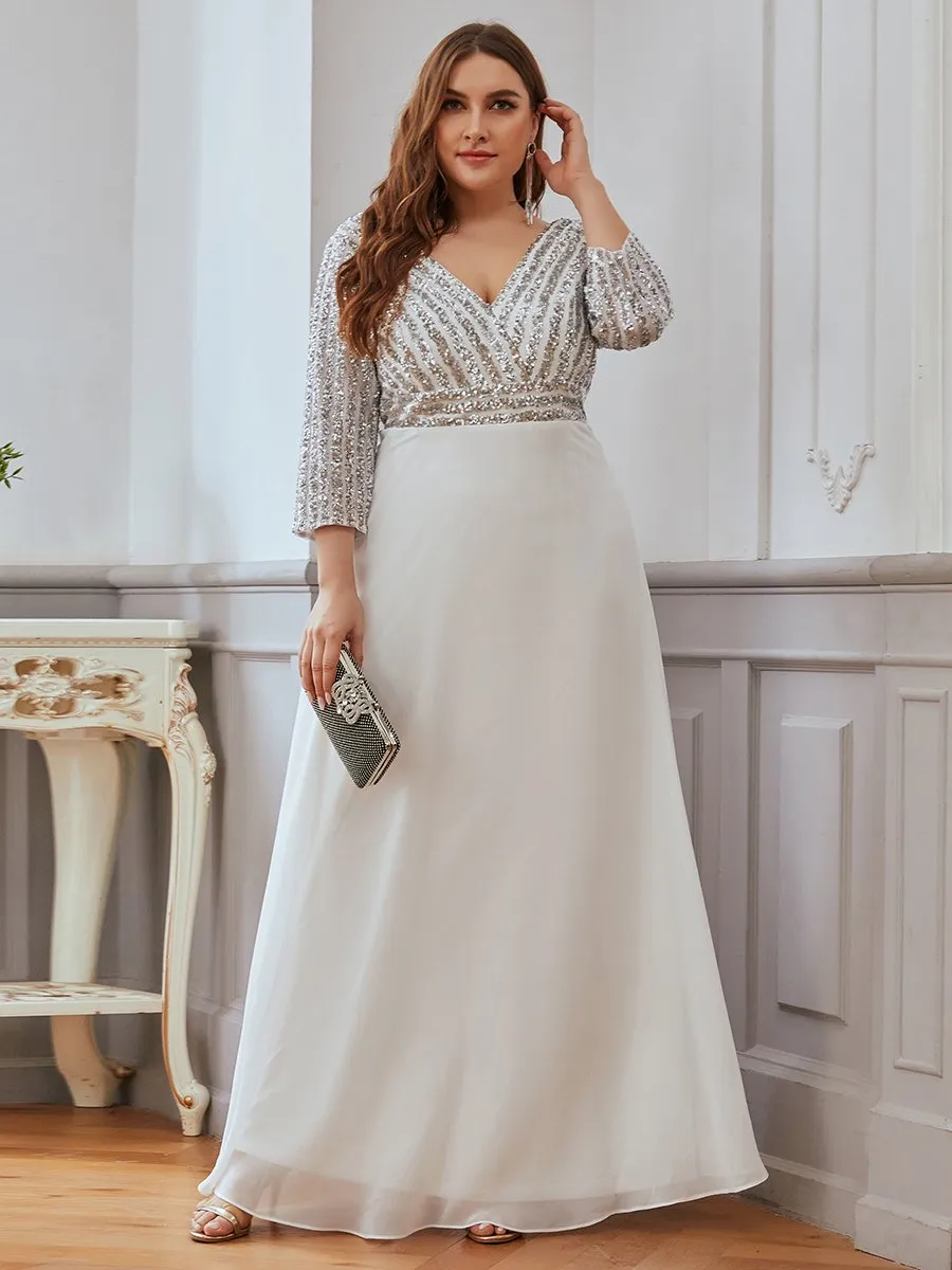 Sexy V Neck A-Line Plus Size Sequin Wholesale Evening Dress with Sleeve