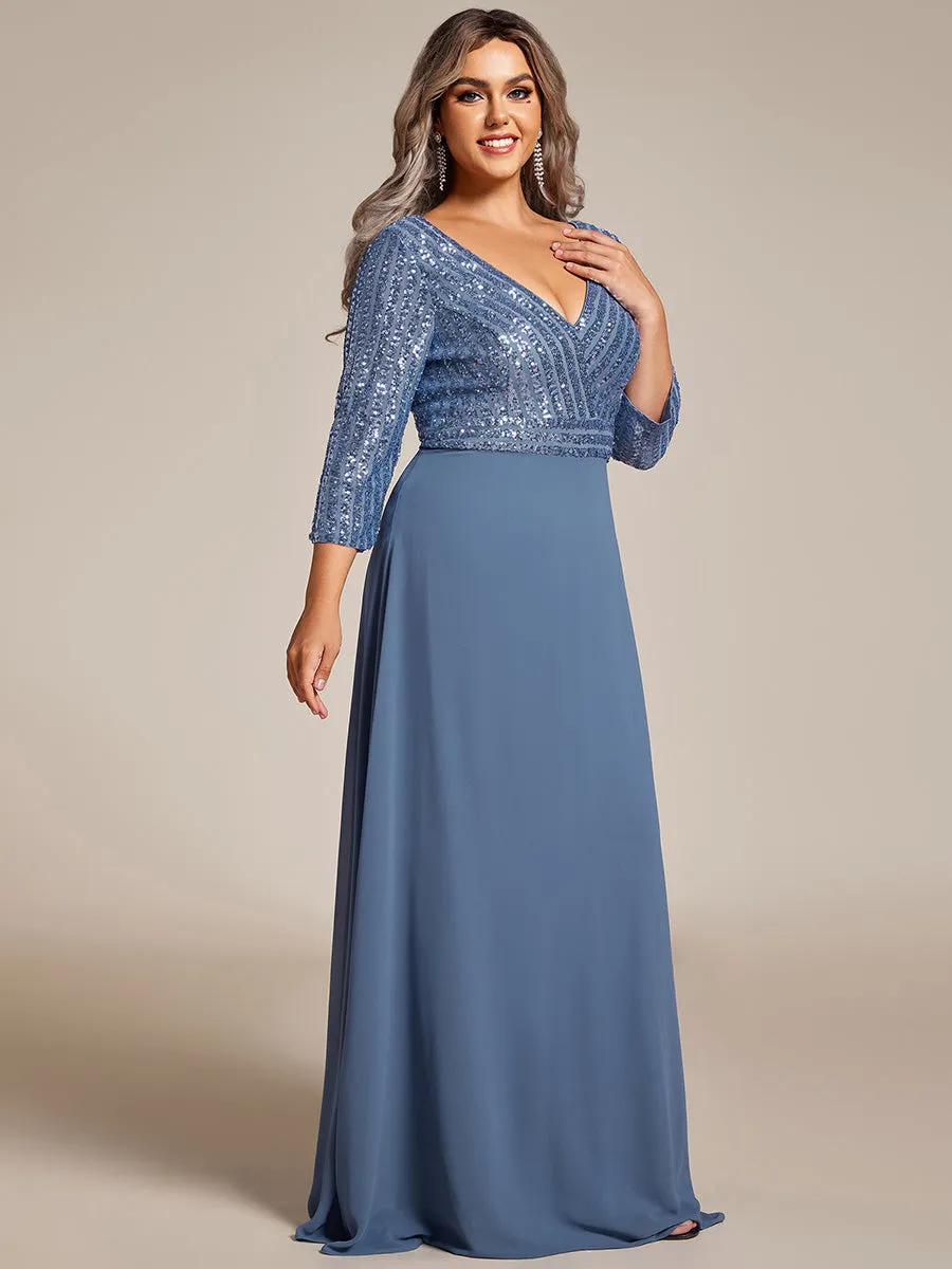 Sexy V Neck A-Line Plus Size Sequin Wholesale Evening Dress with Sleeve