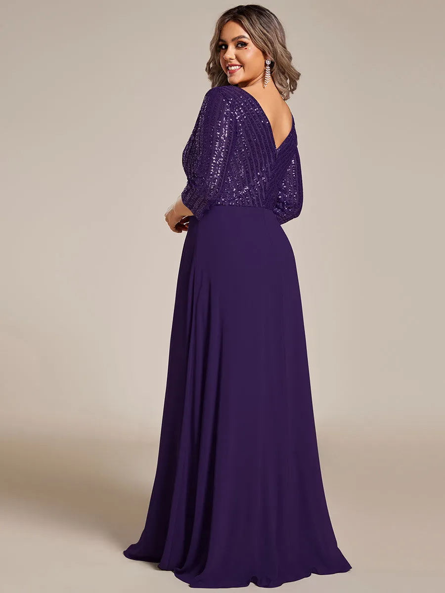 Sexy V Neck A-Line Plus Size Sequin Wholesale Evening Dress with Sleeve