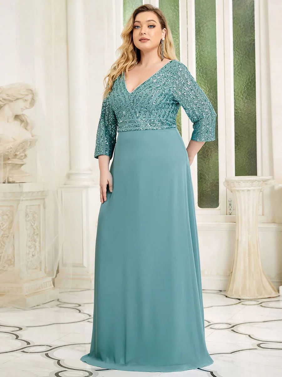 Sexy V Neck A-Line Plus Size Sequin Wholesale Evening Dress with Sleeve