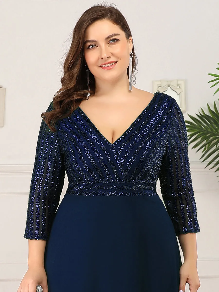 Sexy V Neck A-Line Plus Size Sequin Wholesale Evening Dress with Sleeve