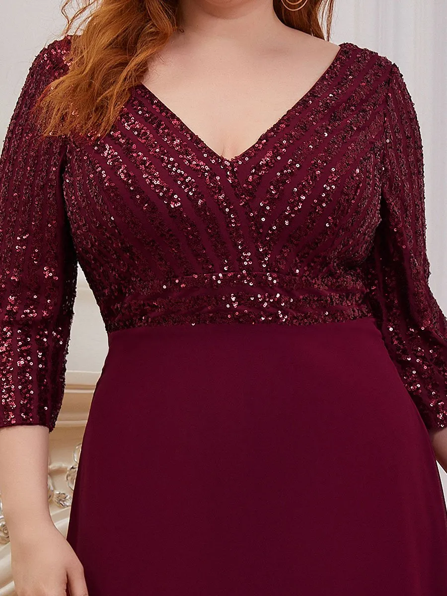 Sexy V Neck A-Line Plus Size Sequin Wholesale Evening Dress with Sleeve