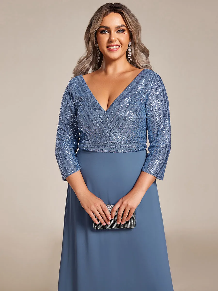 Sexy V Neck A-Line Plus Size Sequin Wholesale Evening Dress with Sleeve