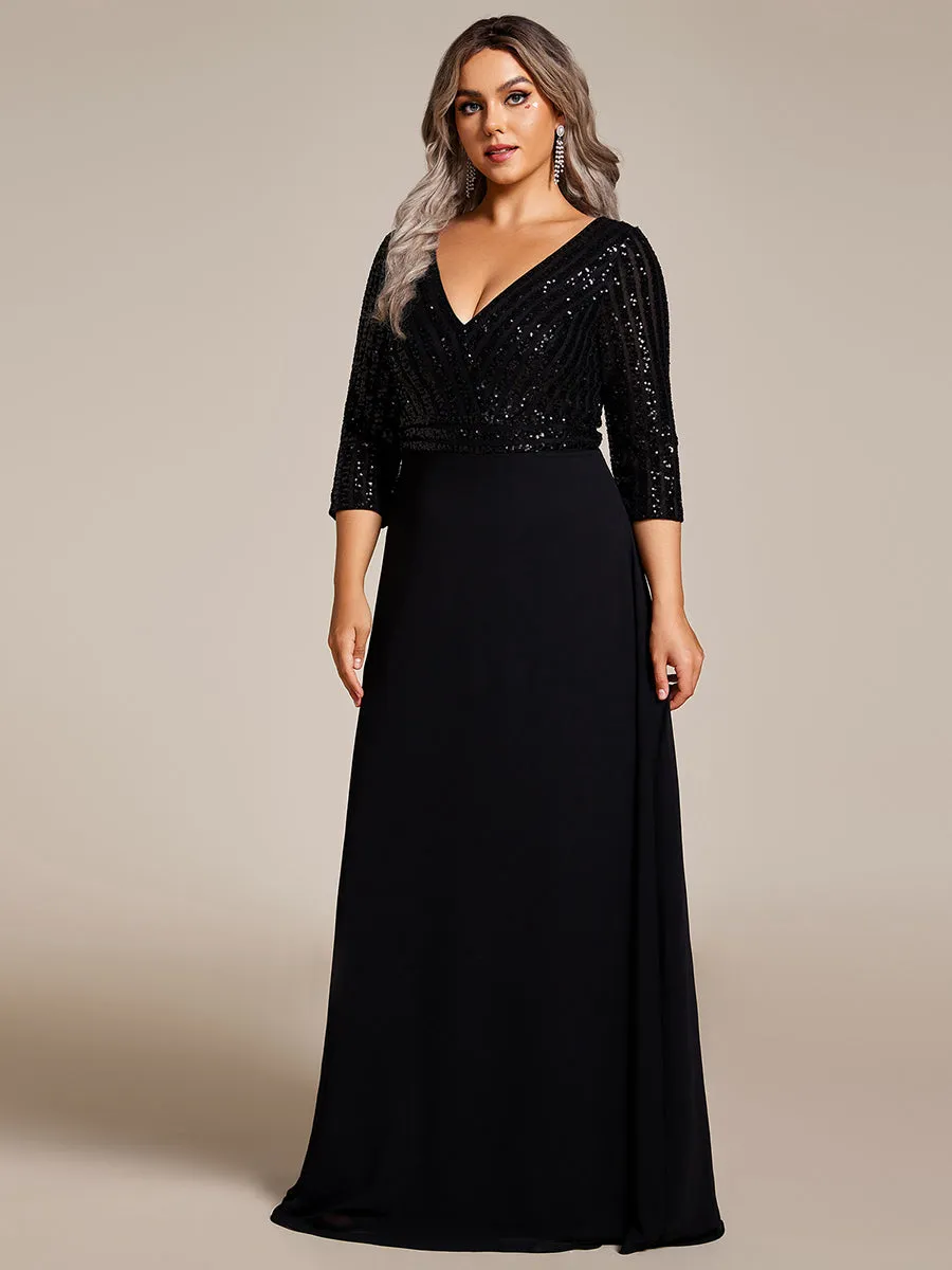 Sexy V Neck A-Line Plus Size Sequin Wholesale Evening Dress with Sleeve