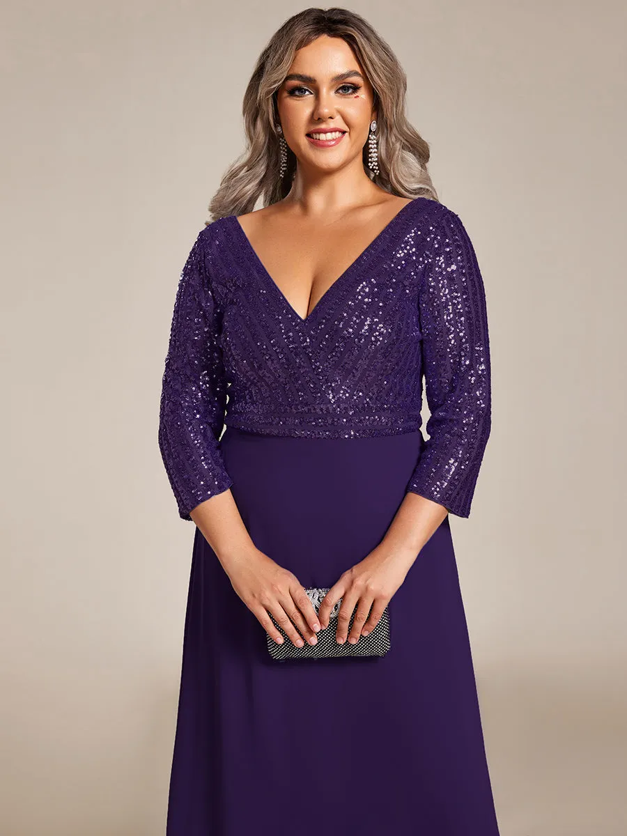 Sexy V Neck A-Line Plus Size Sequin Wholesale Evening Dress with Sleeve