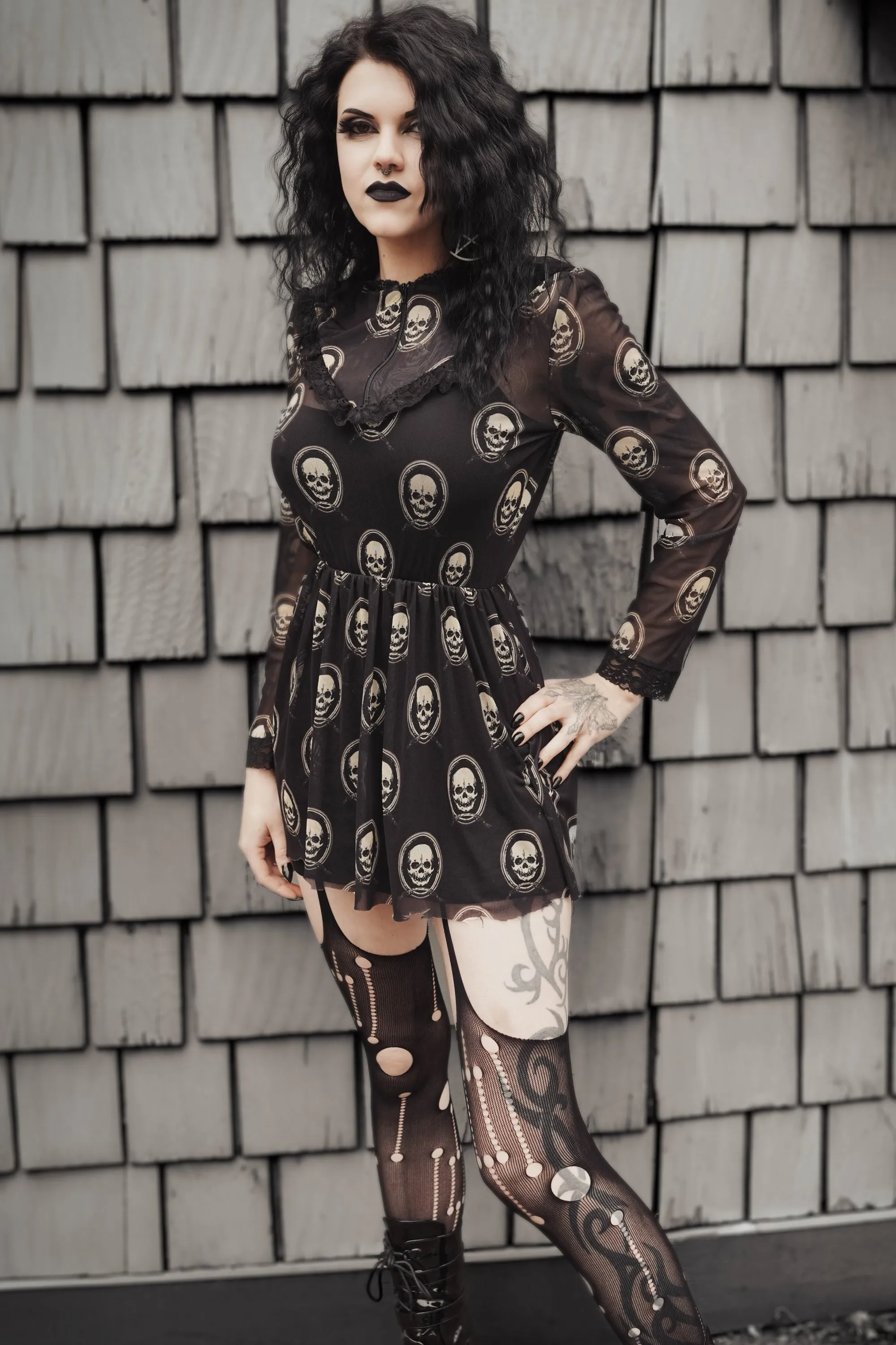 Skull Print Victorian Lace Dress