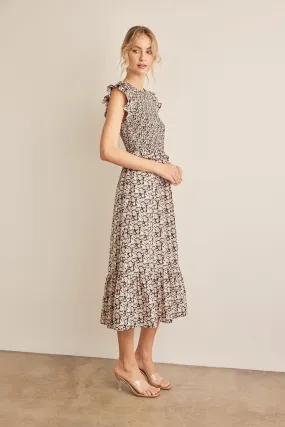 Smocked Floral Midi Dress - Black/Pink