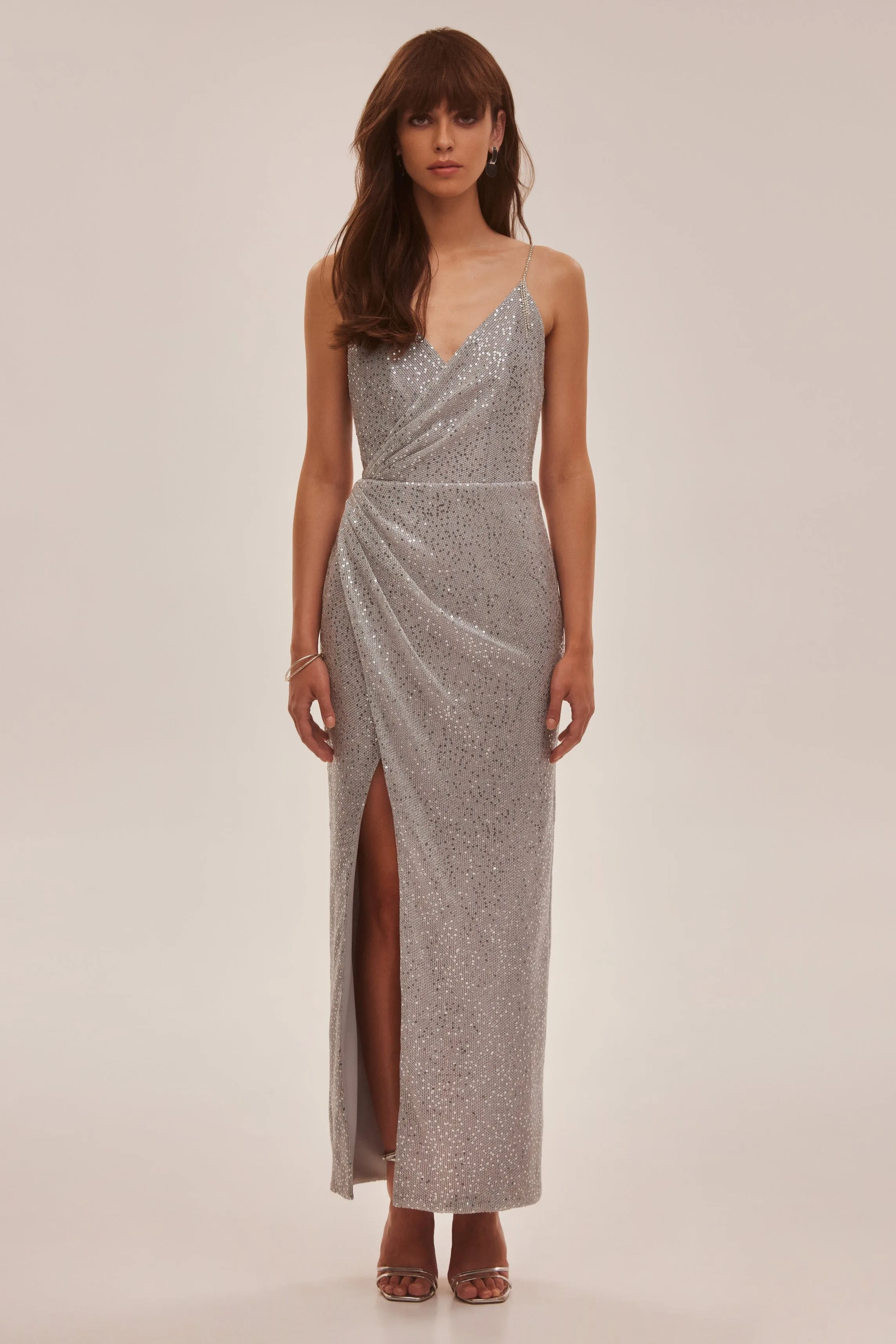 Spaghetti straps silver sparkling wrapped maxi dress