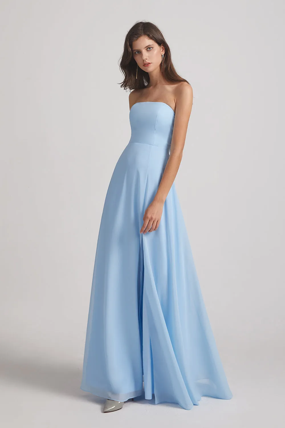 Strapless Chiffon Ruched Split Long Light Sky Blue Bridesmaid Dresses (AF0049)