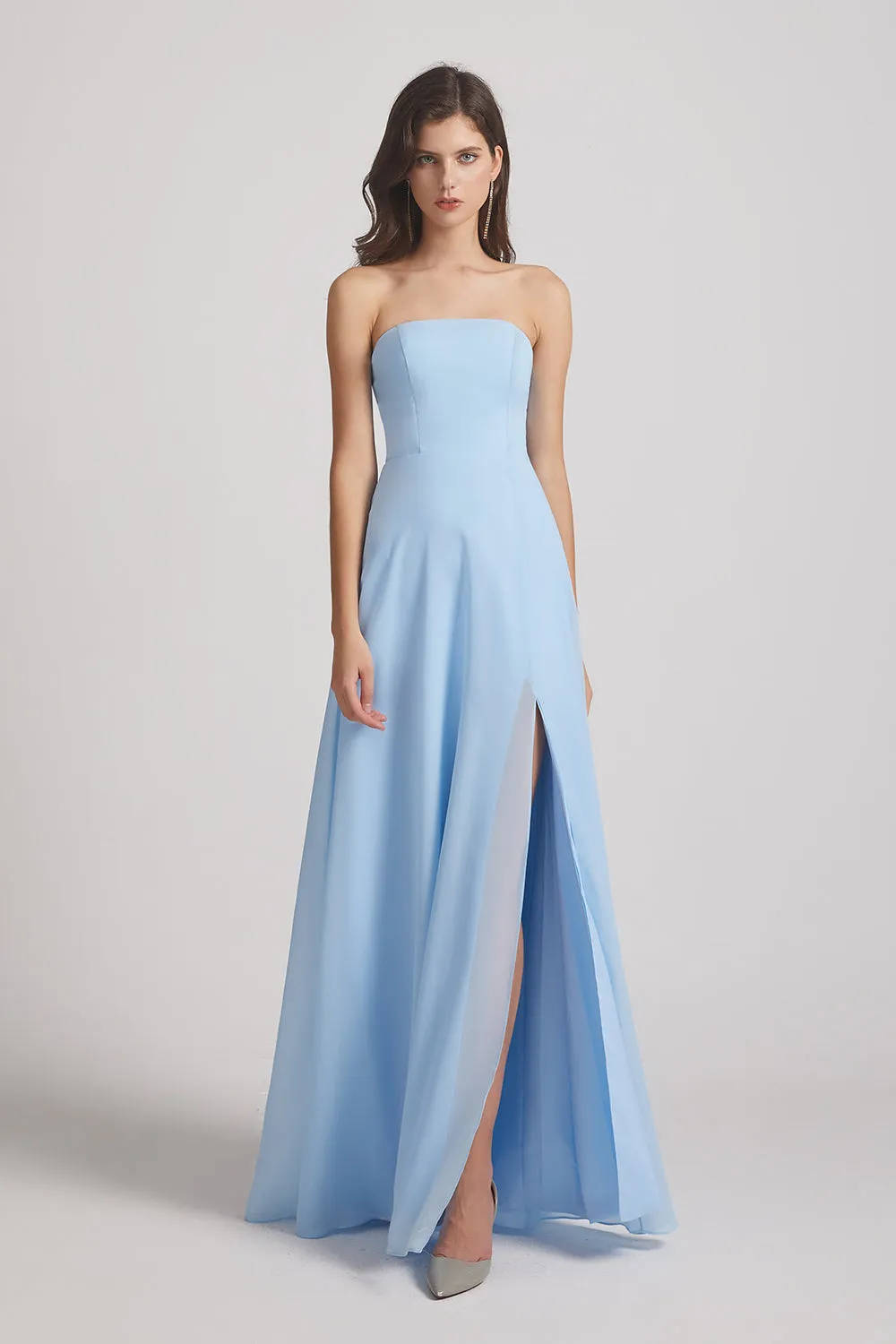 Strapless Chiffon Ruched Split Long Light Sky Blue Bridesmaid Dresses (AF0049)