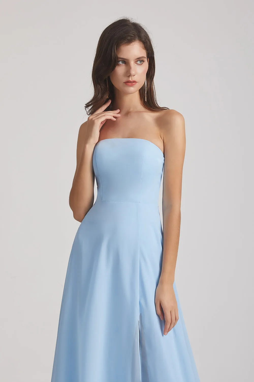 Strapless Chiffon Ruched Split Long Light Sky Blue Bridesmaid Dresses (AF0049)