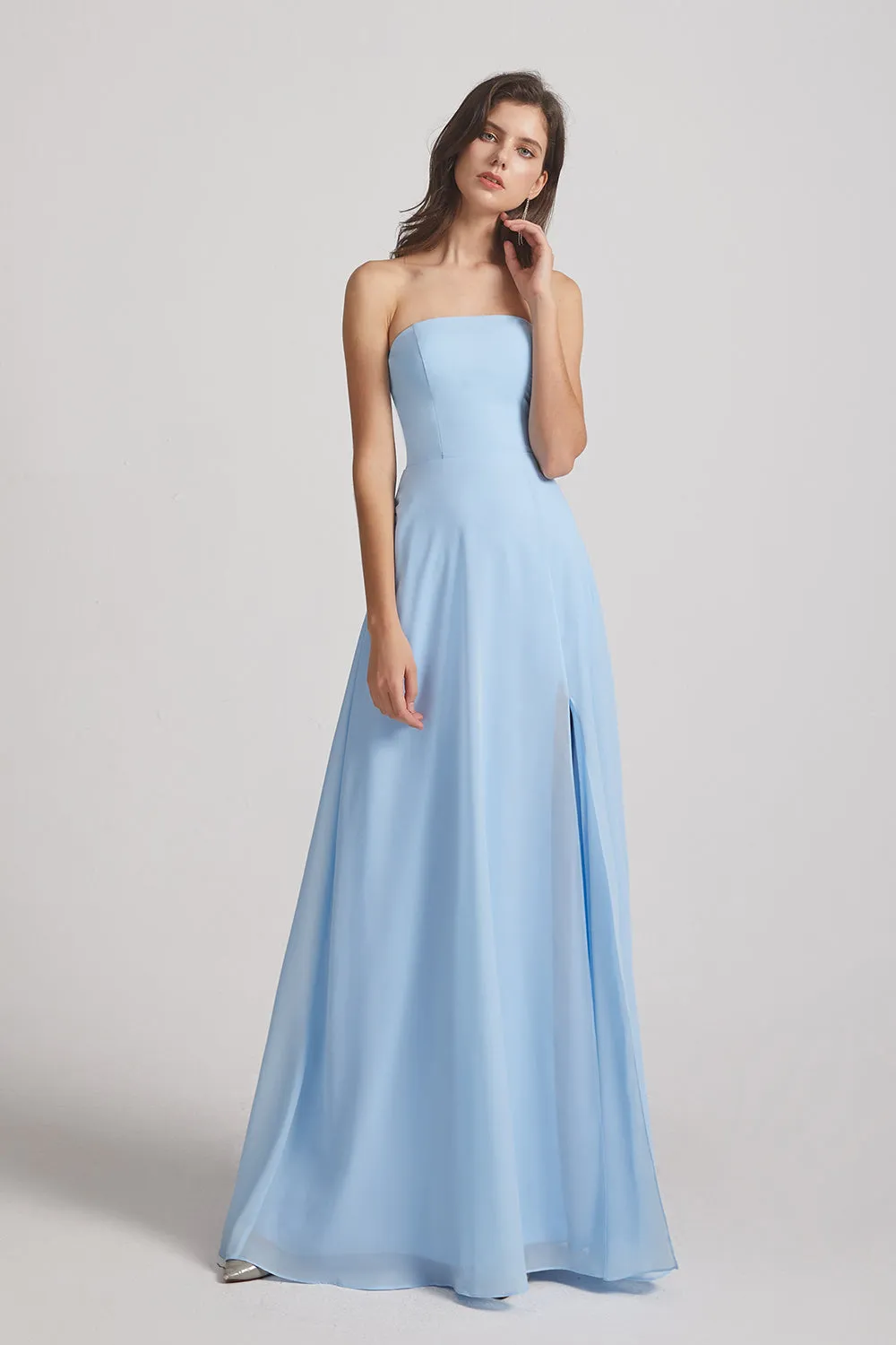 Strapless Chiffon Ruched Split Long Light Sky Blue Bridesmaid Dresses (AF0049)