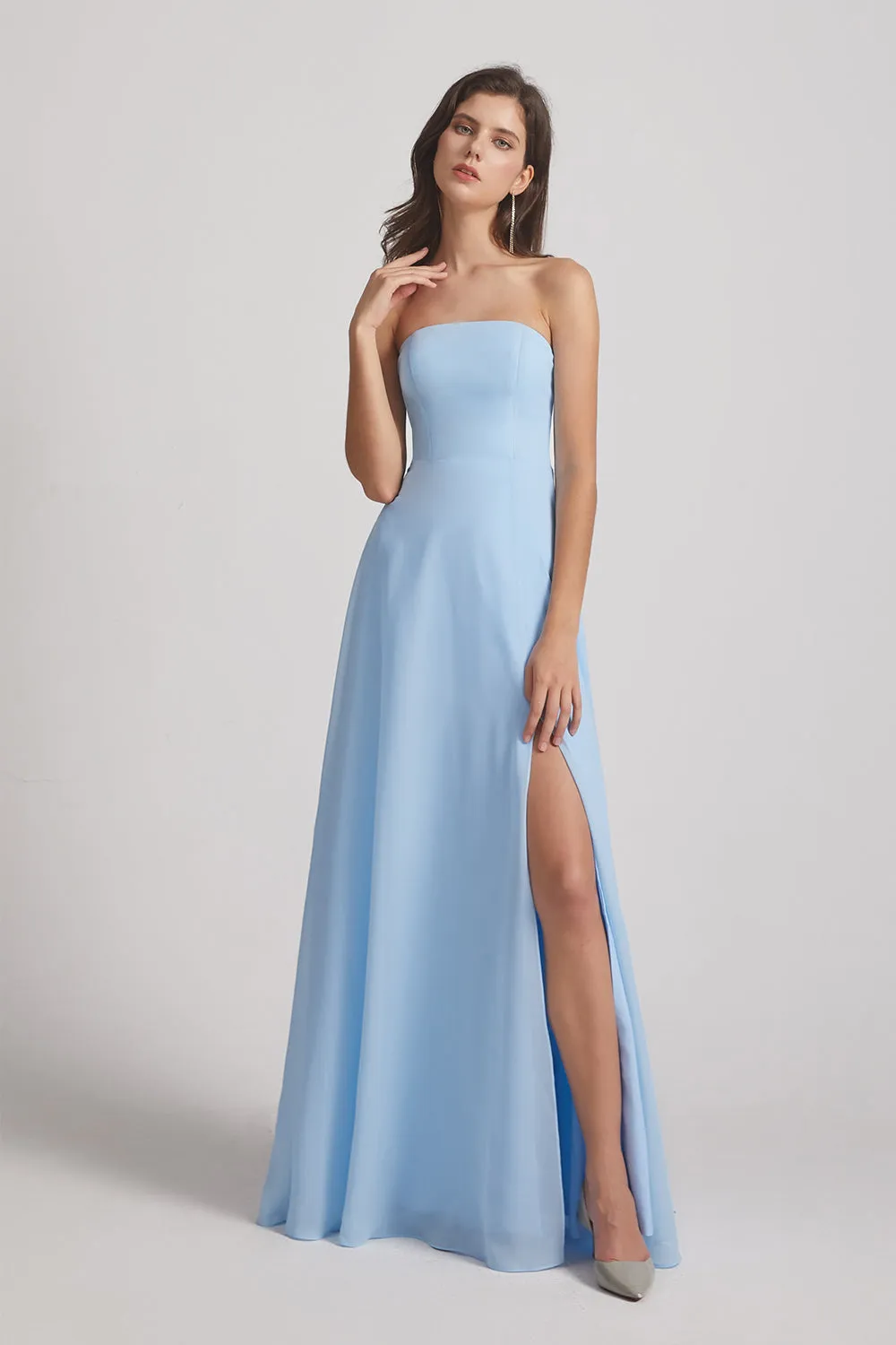 Strapless Chiffon Ruched Split Long Light Sky Blue Bridesmaid Dresses (AF0049)