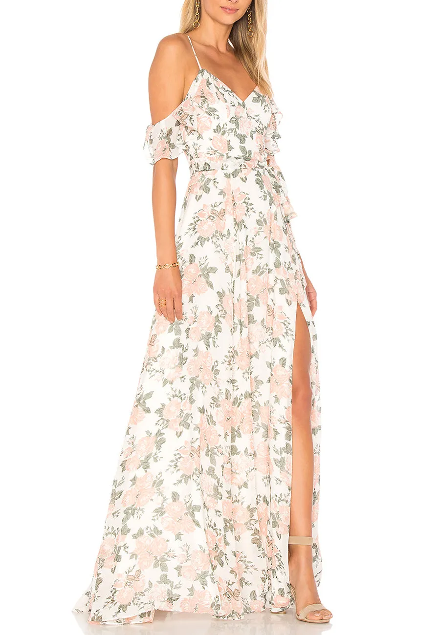 White Taylor Rose Print Ruffled Maxi Dress